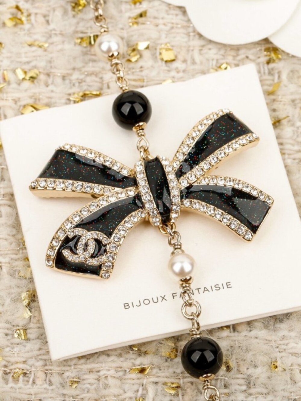 Chanel Gold-Tone Black Enamel Crystal Bow CC Long Necklace - Picture 3 of 6